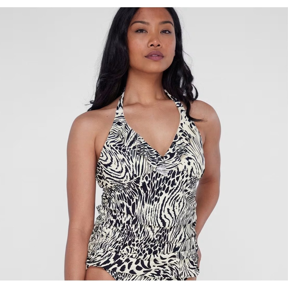 Birdsong Size 38G Animal Leopard Luxe Ruffle Halter Underwire Tankini Swim Top - Picture 2 of 10